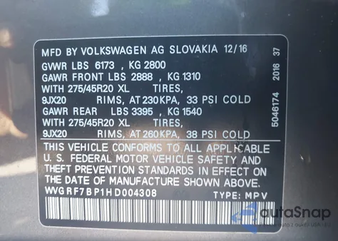 2017 Volkswagen Touareg V6 Wolfsburg Edition from USA, damaged, VIN WVGRF7BP1HD004308